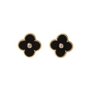 Designer Womens 18K Yellow Gold Onyx + Diamond Clover Stud Earrings 6.8g